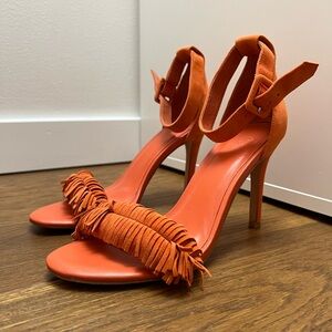 ❌SOLD - JOIE Pippi Orange Suede Fringe Trim Ankle Strap Heels Sandals